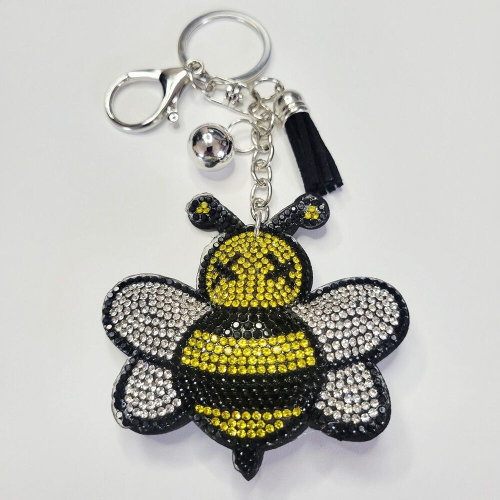 🆕 NWT Large Blingy Black And Yellow Bee Keychain Bag Charm Puffy Sparkly Tassel